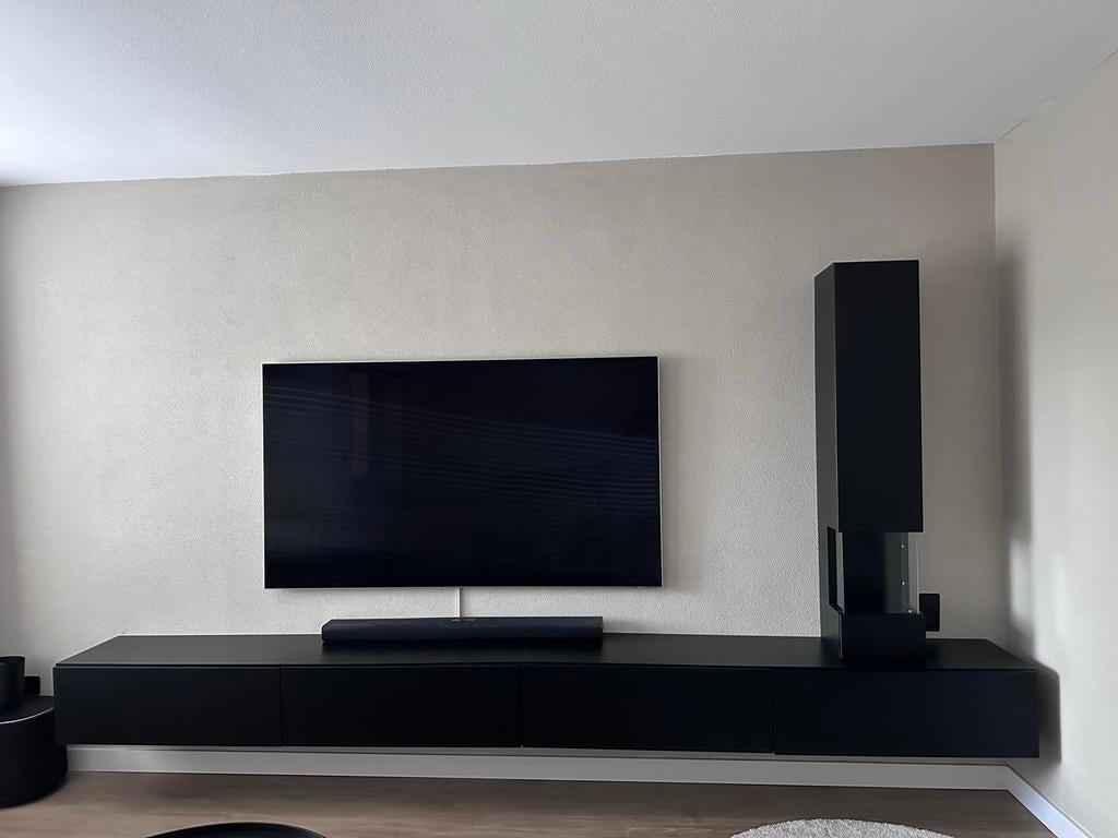 Mat zwart tv-meubel met kolomkast - 360cm breed, Ophalen, Gebruikt, 200 cm of meer, Minder dan 100 cm