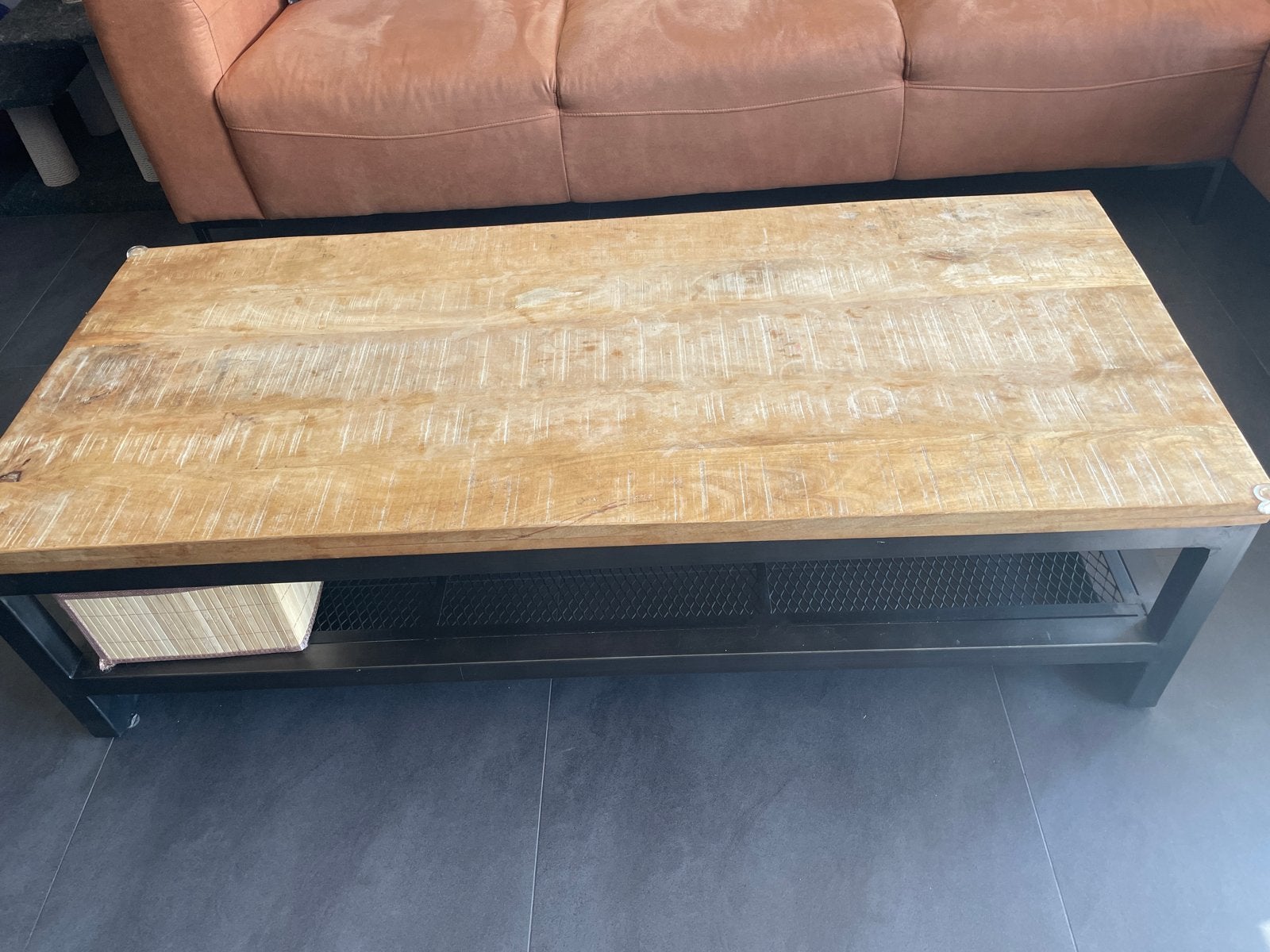 Salontafel van mangohout en metaal, Gebruikt, 100 tot 150 cm, 50 tot 100 cm, Ophalen