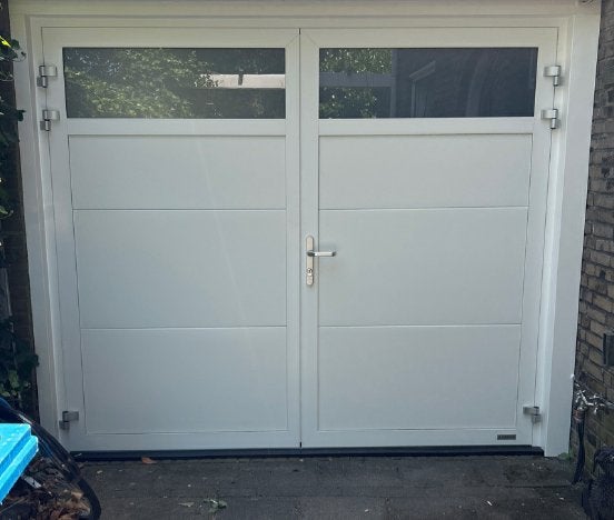 Aluminium openslaande garagedeuren, Ophalen, Gebruikt, Garagedeur, Glas