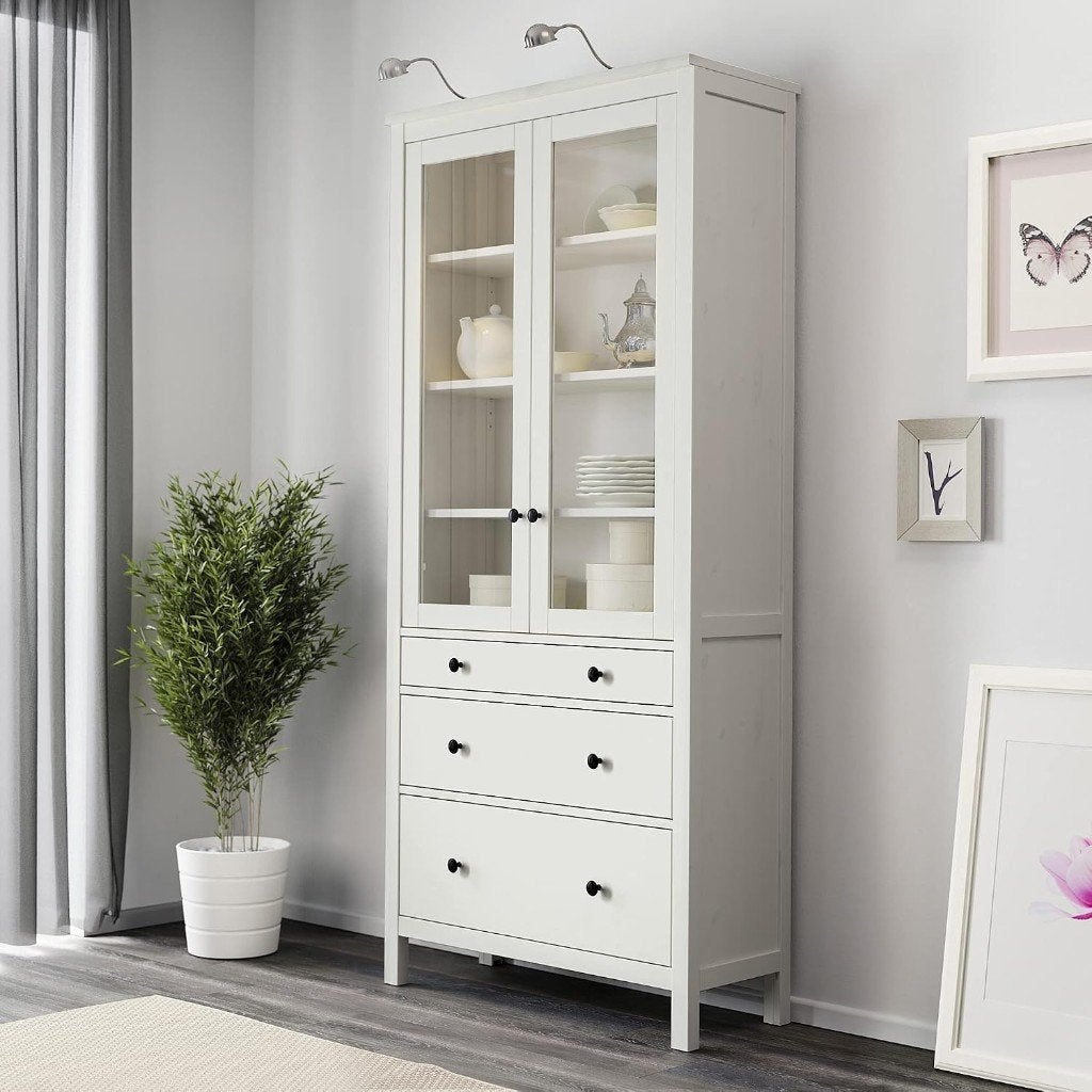 IKEA HEMNES Glazen deurkast met 3 laden, 90x197 cm, wit, Ophalen, Gebruikt, Met deur(en), Glas