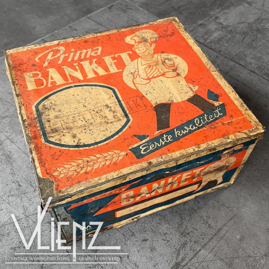Vintage, brocante vierkant blik van Prima Banket, Verzamelen, Blikken, Gebruikt, Koek(jes), Ophalen of Verzenden