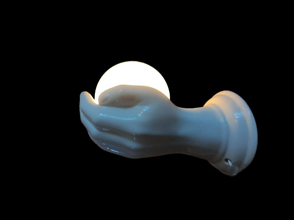 Fantastische grote vintage porseleinen hand bol wandlamp, Ophalen of Verzenden, Zo goed als nieuw, Glas