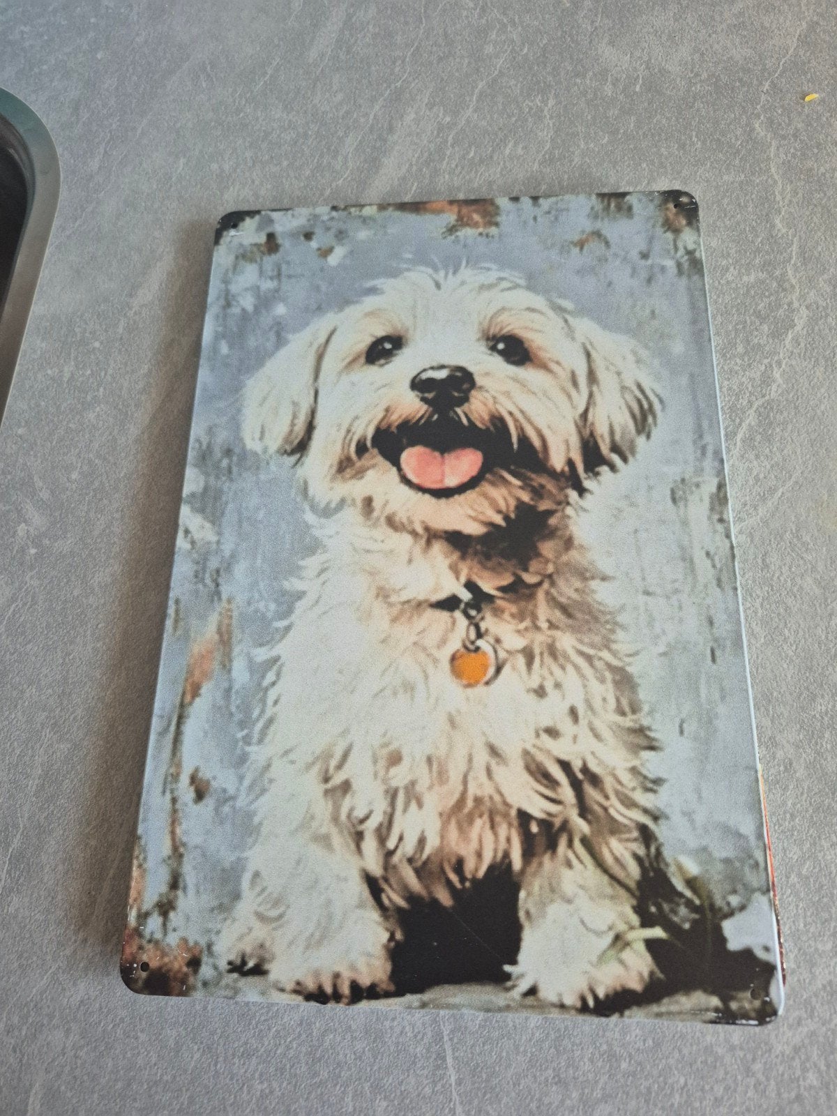 Metalen wandbord met vrolijke hond - Vintage look, Ophalen of Verzenden, Gebruikt, Gebruiksvoorwerp