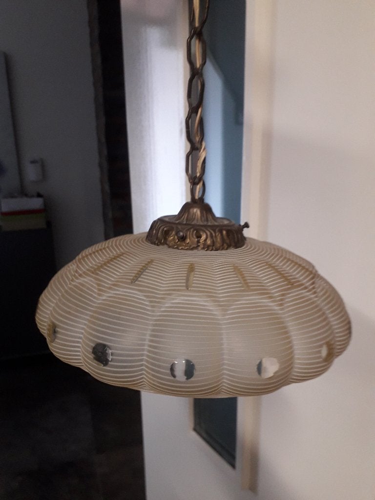 ANTIEKE HANGLAMP met KOPEREN KETTING & ROZETTEN  I.Z.G.STAAT, Ophalen of Verzenden