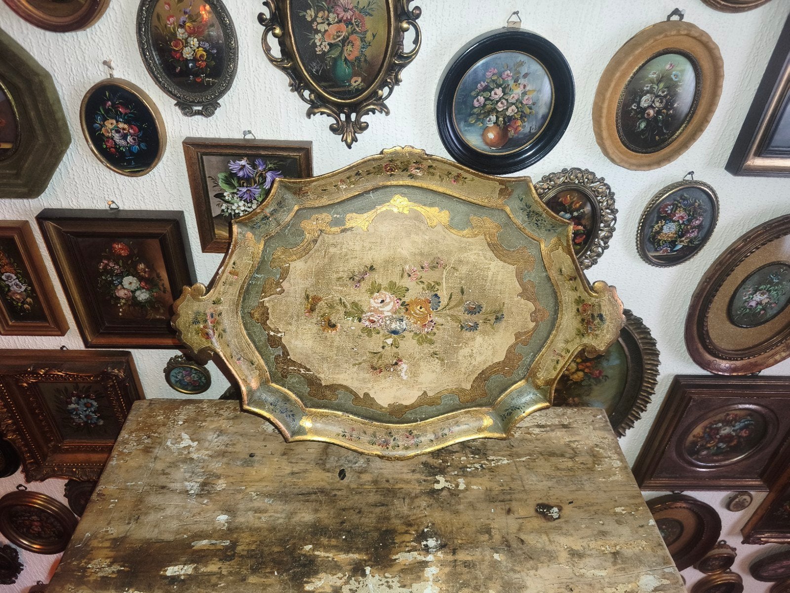 Oud houten florentijns dienblad handgeschilderde bloemen, Ophalen of Verzenden