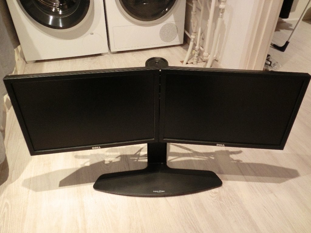 Ergotron Neo-Flex monitorstandaard en 2 Dell 19 inch monitor, Ophalen, In hoogte verstelbaar, Dell, DVI