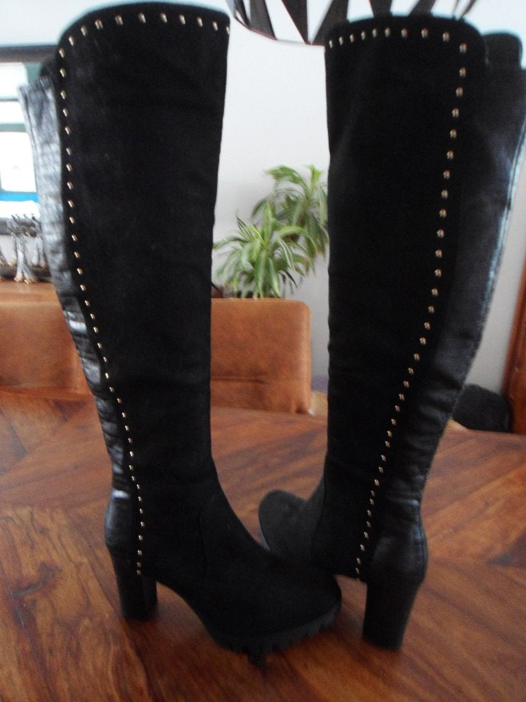 Leer/suede overknie laars hoge hak mt. 41, Ophalen, Hoge laarzen, Zwart, Nieuw