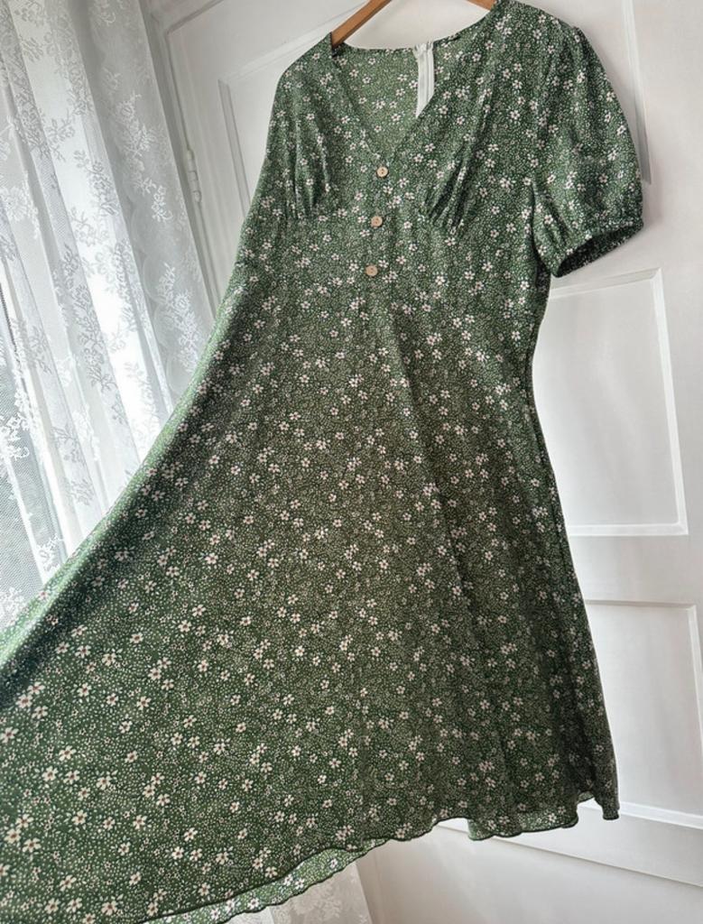 Fijn liberty groen gebloemde zomerjurk jurk met pofmouwen XL, Ophalen of Verzenden, Zo goed als nieuw, Maat 42/44 (L), Groen
