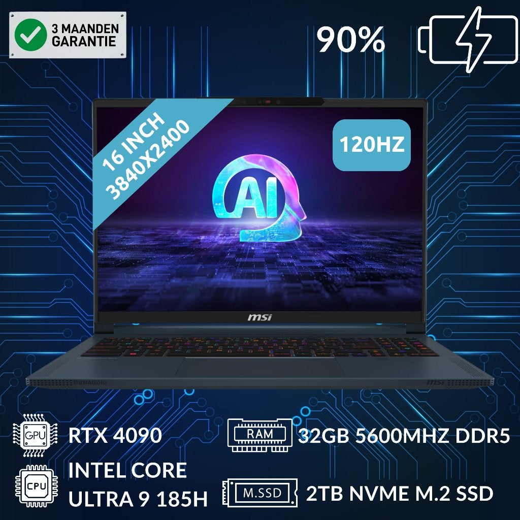 MSI Stealth 16 AI (Intel Ultra 9 185H & RTX 4090), Computers en Software, Windows Laptops, Refurbished, 16 inch, SSD, 4 Ghz of meer