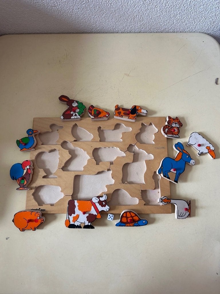 Houten vintage Simplex puzzel boerderij met noppen, Gebruikt, Niet beschikbaar, Ophalen of Verzenden, Simplex Toys (geproduceerd in Aalst, Nederland)
