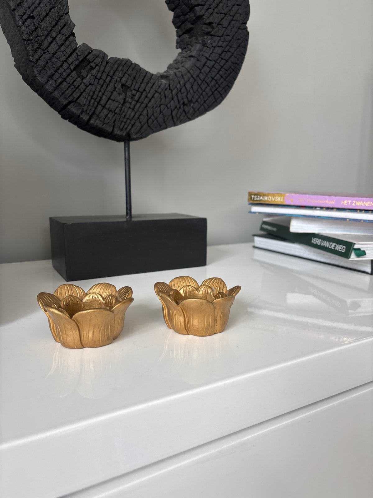 Set van 2 gouden lotus waxinelichthouders, Overige materialen, Waxinelichthouder, Ophalen of Verzenden, Zo goed als nieuw