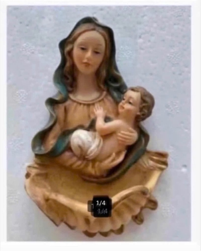 Religieus Wijwater bakje, polyresin, Maria Jezus, brocante, Ophalen of Verzenden