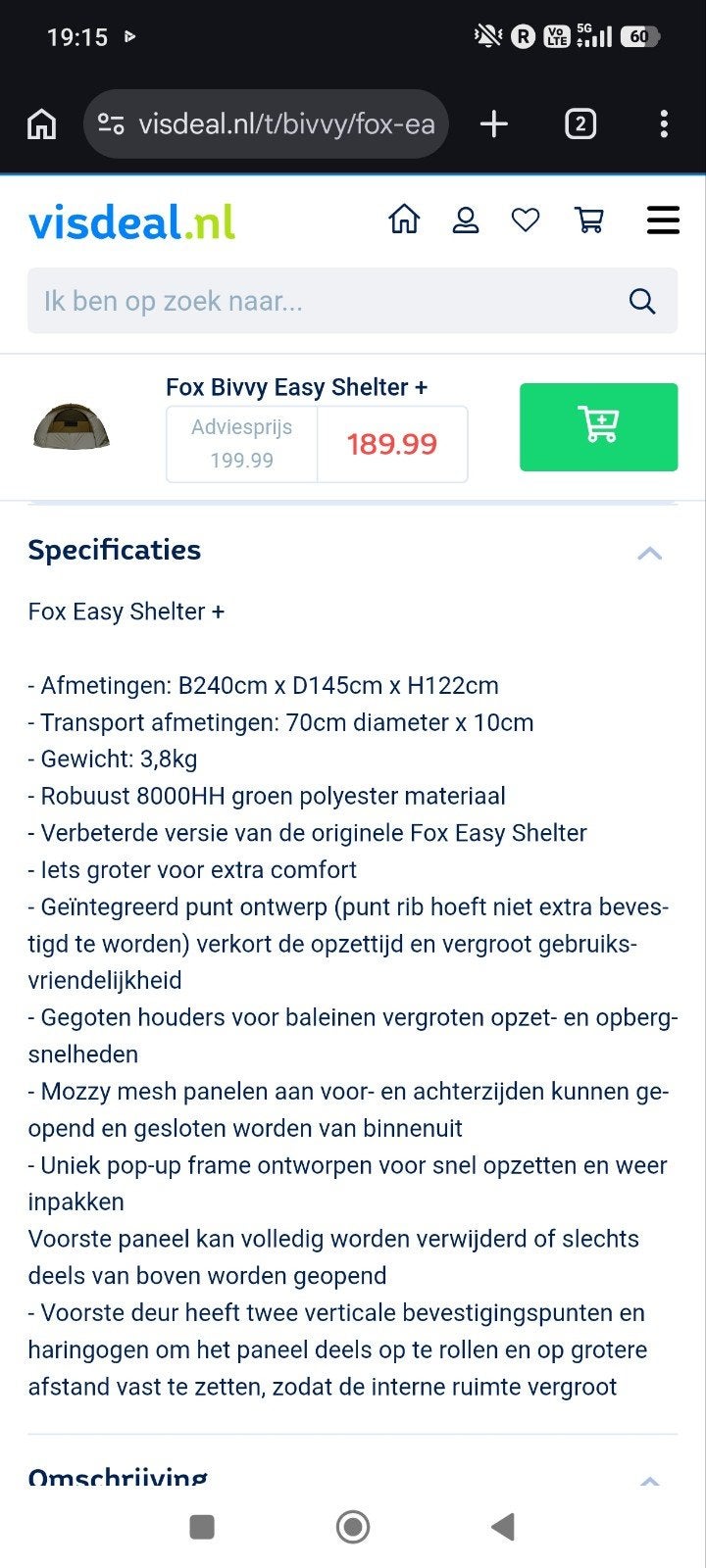 Fox Bivvy Easy Shelter + - Zo goed als nieuw, Ophalen of Verzenden, Zo goed als nieuw, Overige typen