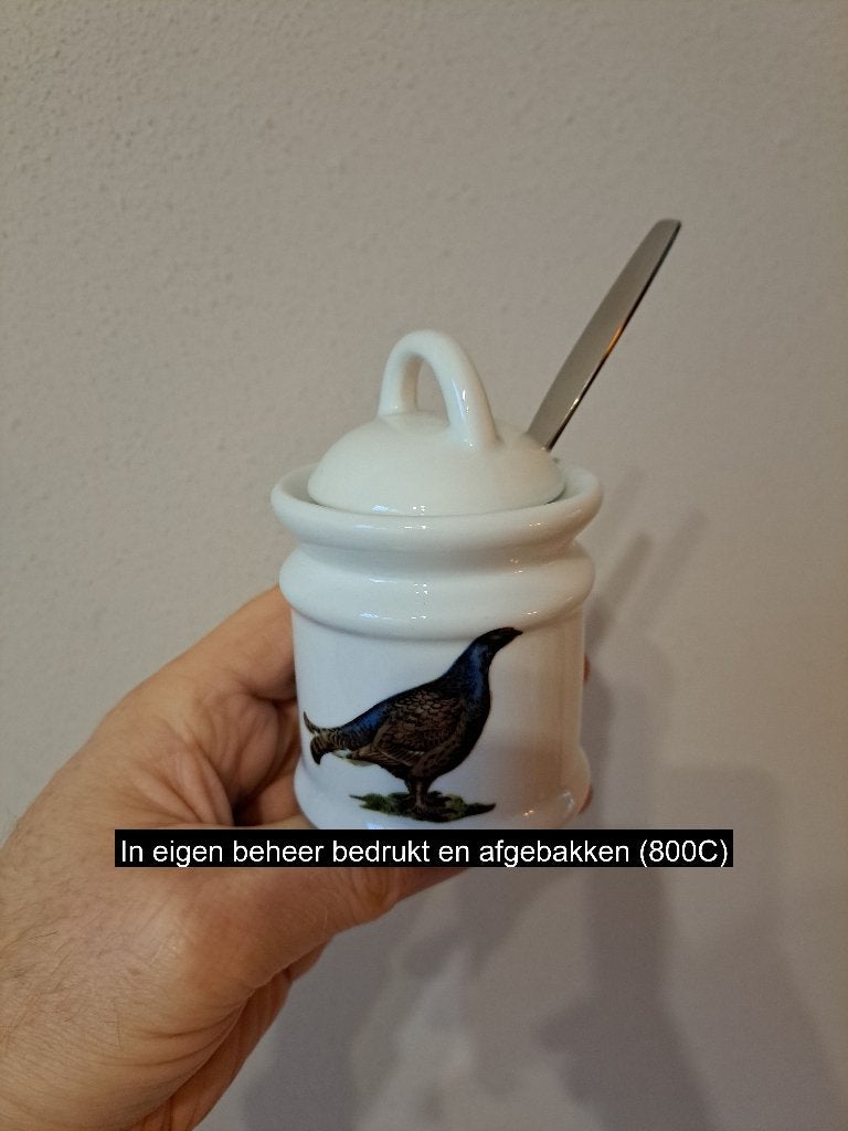 Suikerpot met Lepel en Fazanten van Porselein 10 cm, Overige typen, Nieuw, Ophalen of Verzenden, Overige stijlen