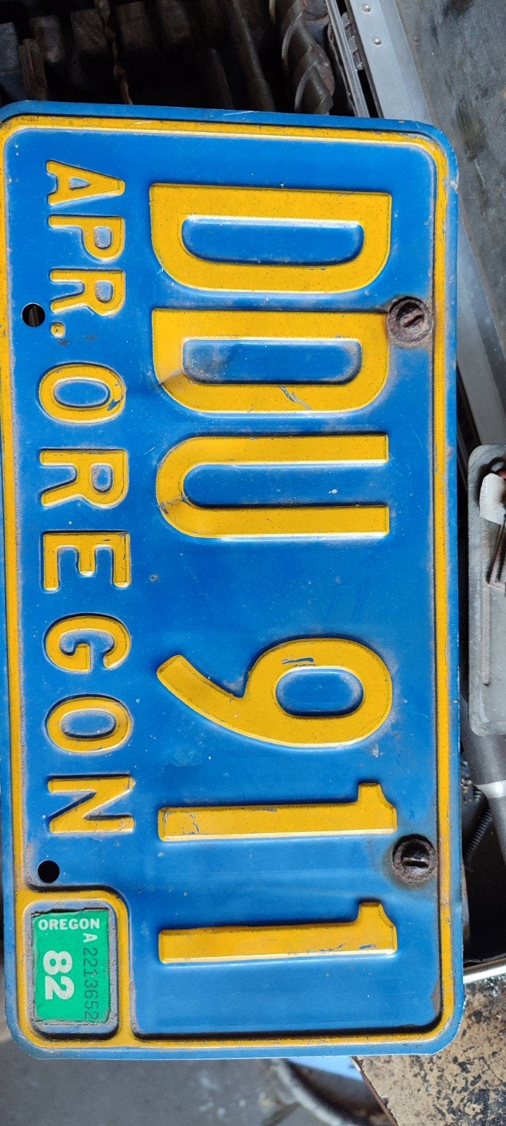 Vintage Oregon Kentekenplaat DDU 911 - April 1982, Ophalen of Verzenden, Gebruikt