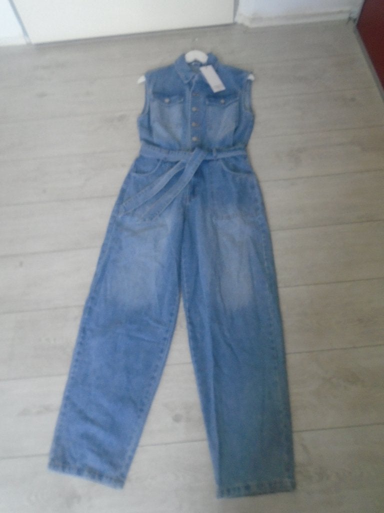 Ciminy Nieuw Lang denim Spijker jumpsuit met ceintuur mt S-M, Nieuw, Maat 36 (S), CIMINY, Verzenden