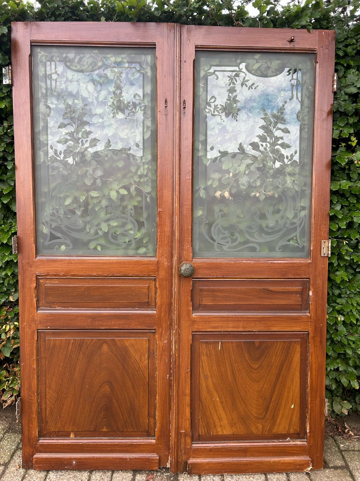 Antieke dubbele saloon/binnendeuren met geëtst glas mancave, Ophalen, Gebruikt, 120 cm of meer, Binnendeur
