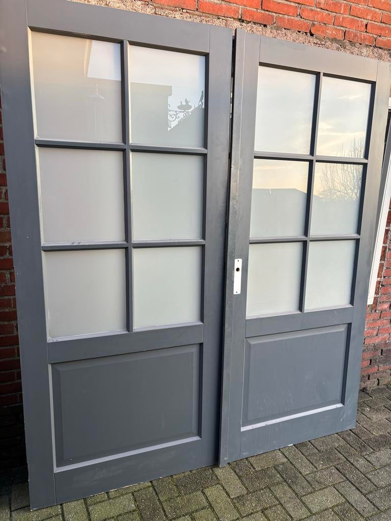 Set van 2 grijze deuren met glaspanelen breed 930x2115, Doe-het-zelf en Verbouw, Deuren en Horren, Ophalen, Gebruikt, 80 tot 100 cm
