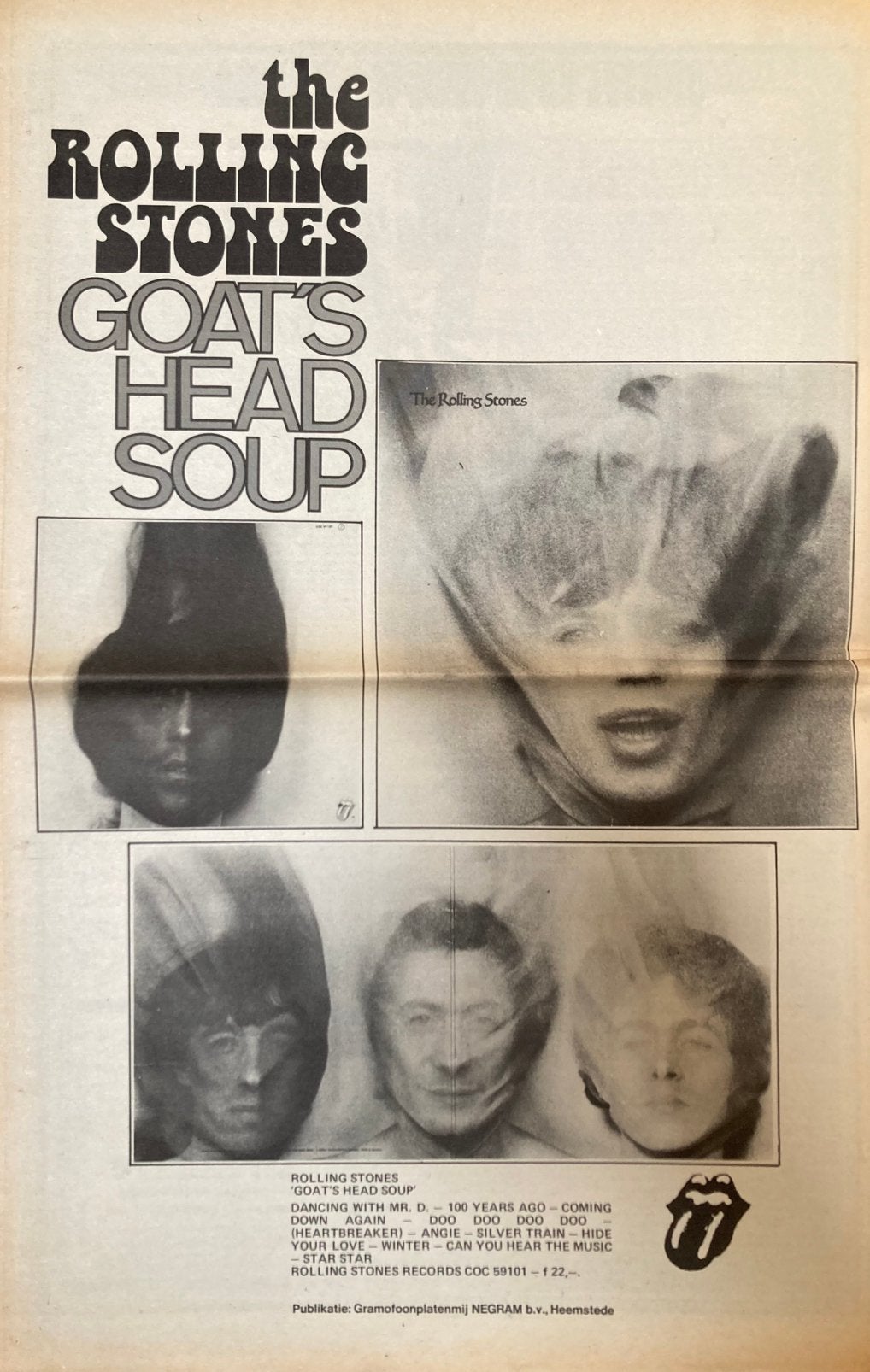 Paginagrote A3 advertentie ROLLING STONES Goats Head Soup, Ophalen of Verzenden, Gebruikt