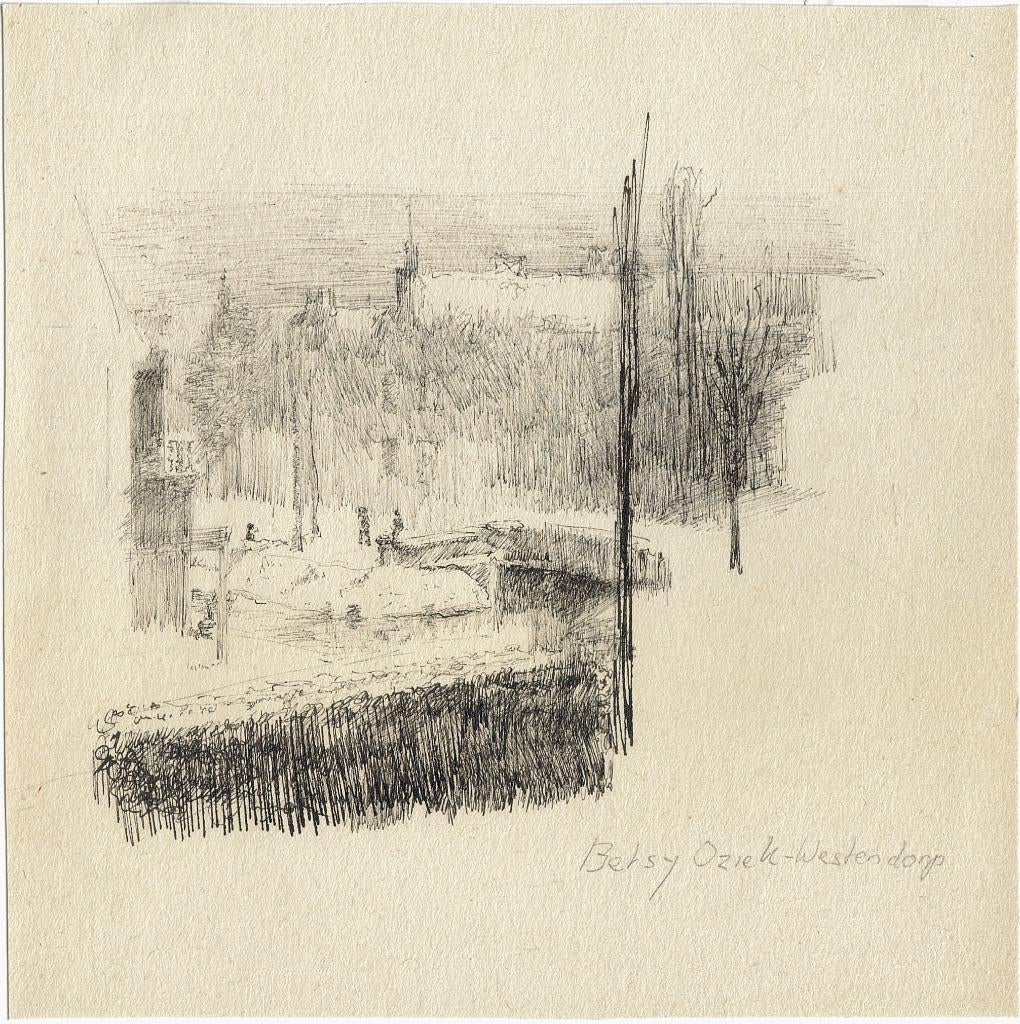 Betsy Osieck pentekening "Brugje in Landschap", ca. 1937, Antiek en Kunst, Ophalen