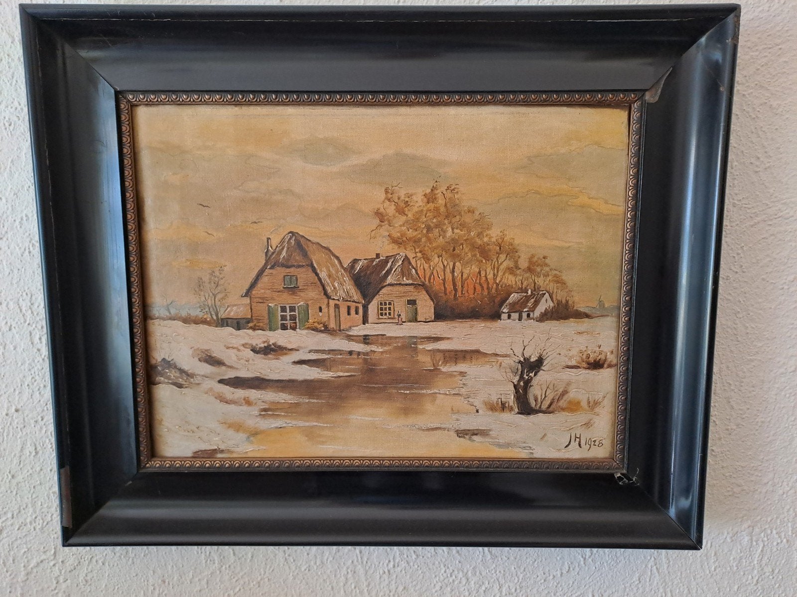 Oud Hollands winterlandschap olieverfschilderij 1928, Antiek en Kunst, Ophalen, Doek, Oud hollands, Bijzondere lijst