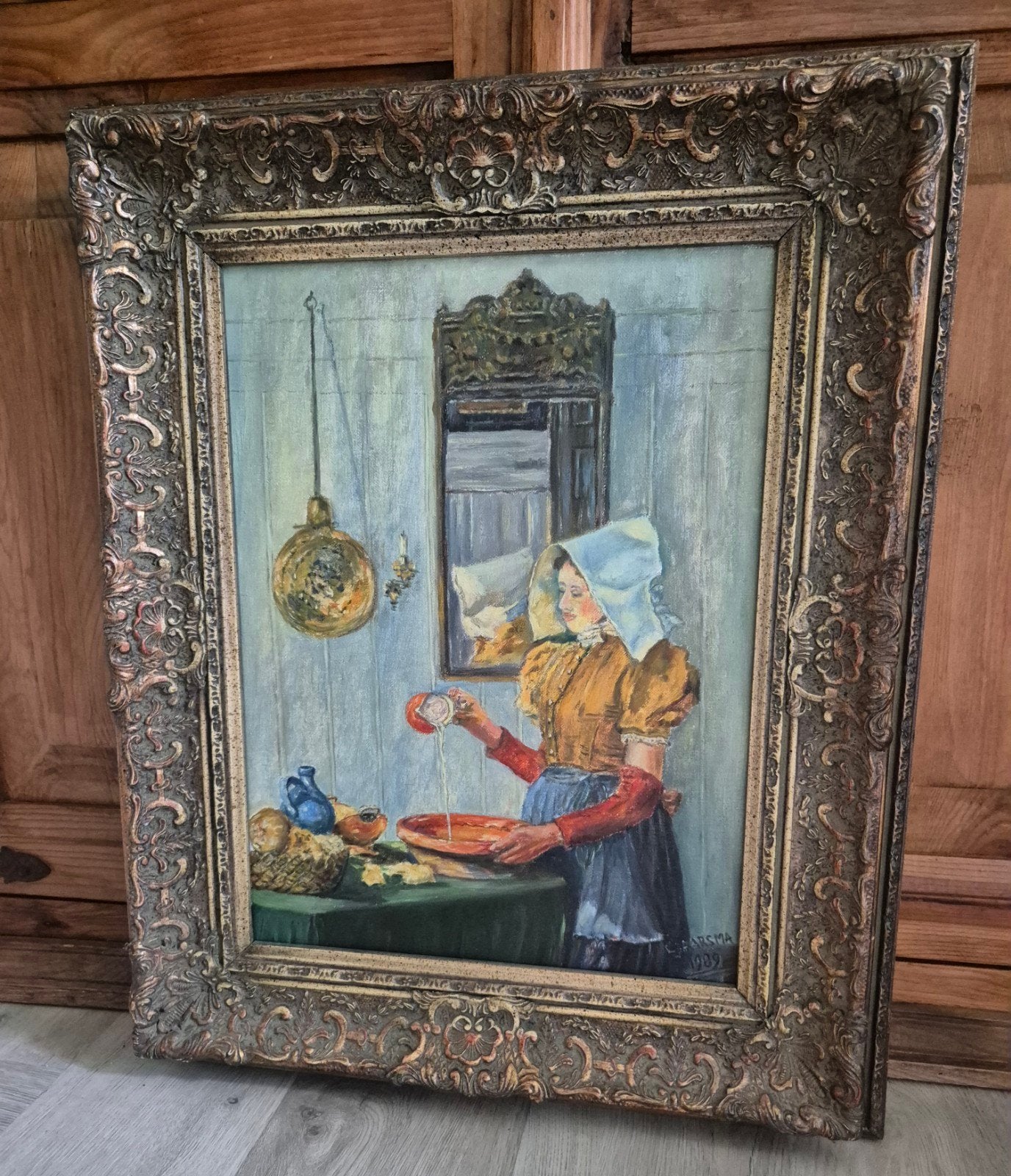 Olieverfschilderij 'De Melkmeid' door Haarsma (1989), Antiek en Kunst, Doek, Portret of Personen, Ophalen of Verzenden, Gedateerd