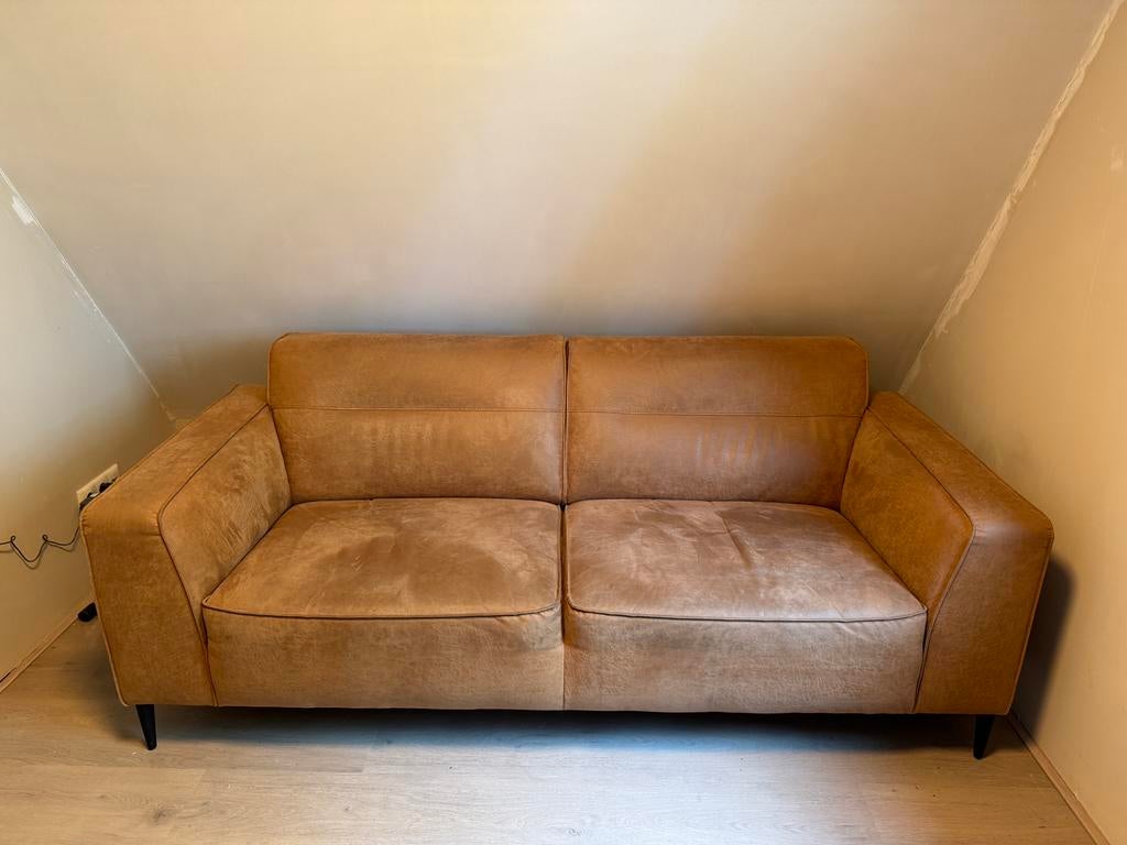 Nette 2-zits bank cognac leer microvezel, Ophalen, Gebruikt, Tweepersoons, 75 tot 100 cm