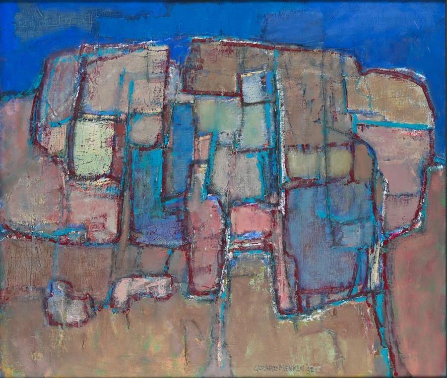 Gerard Menken(1919)Olie op Doek " Abstract Ons Dorp" Ges Ged, Antiek en Kunst, Ophalen of Verzenden
