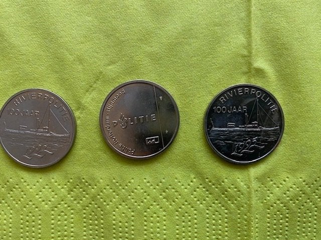 3x munt rivierpolitie Rotterdam-Rijnmond 100 jaar € 2. p.st, Ophalen of Verzenden, Zo goed als nieuw