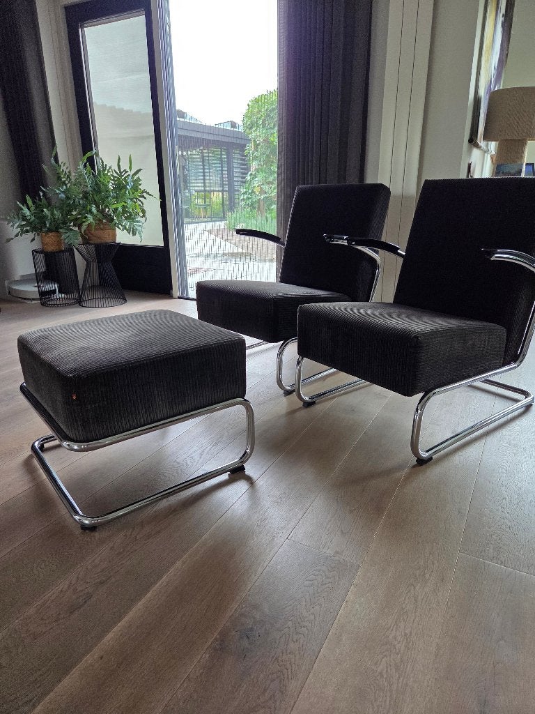 Gispen 405 set – 2 fauteuils + hocker – Dutch Originals, Huis en Inrichting, Ophalen, Gebruikt, 75 tot 100 cm, Stof