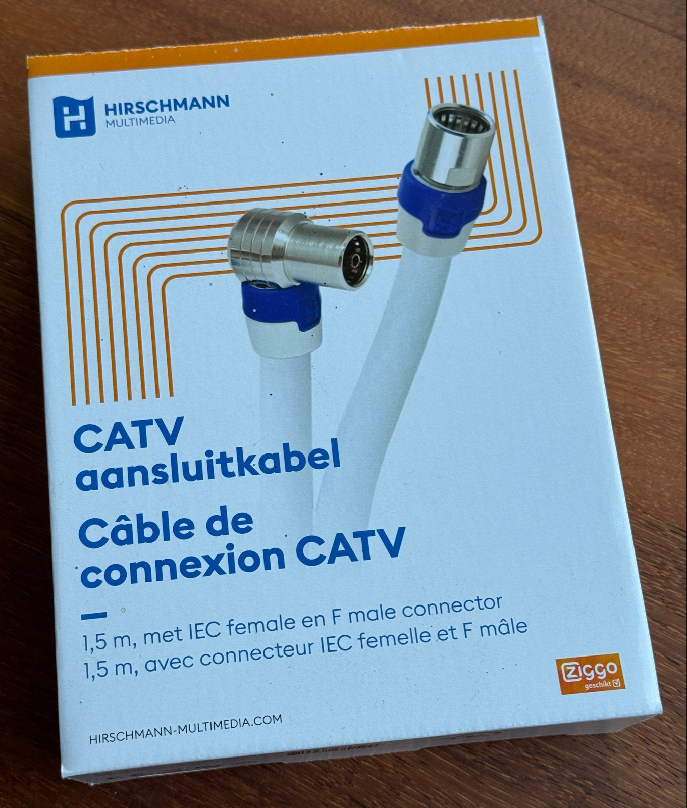 Hirschmann CATV coax aansluitkabel 1,5m – Ziggo – IEC/F, Ophalen of Verzenden, Nieuw, Minder dan 2 meter, Tv-kabel