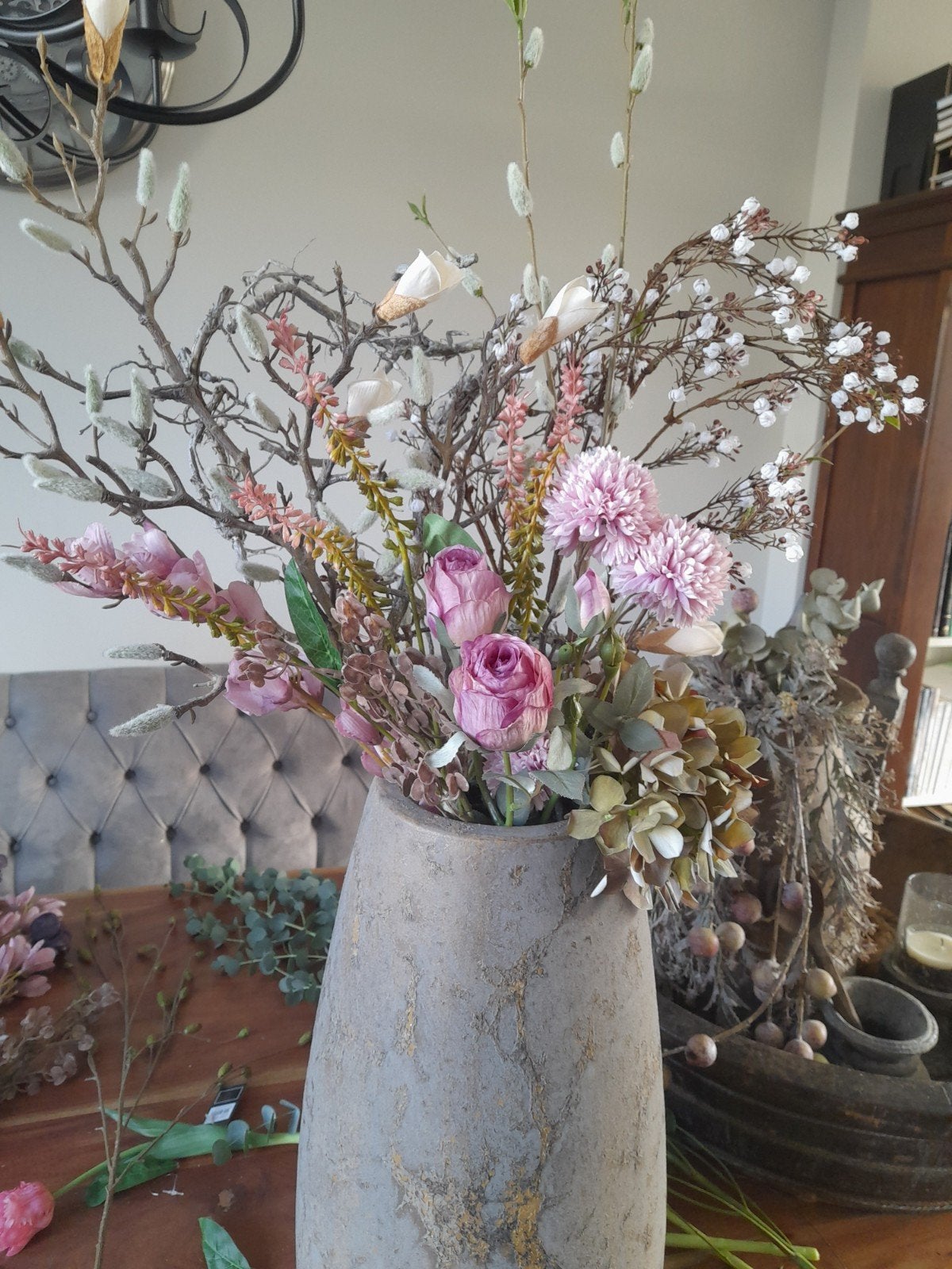 Lange grijs, bont uitlopende bloempotten te koop, Ophalen, Steen, Rond, Binnen
