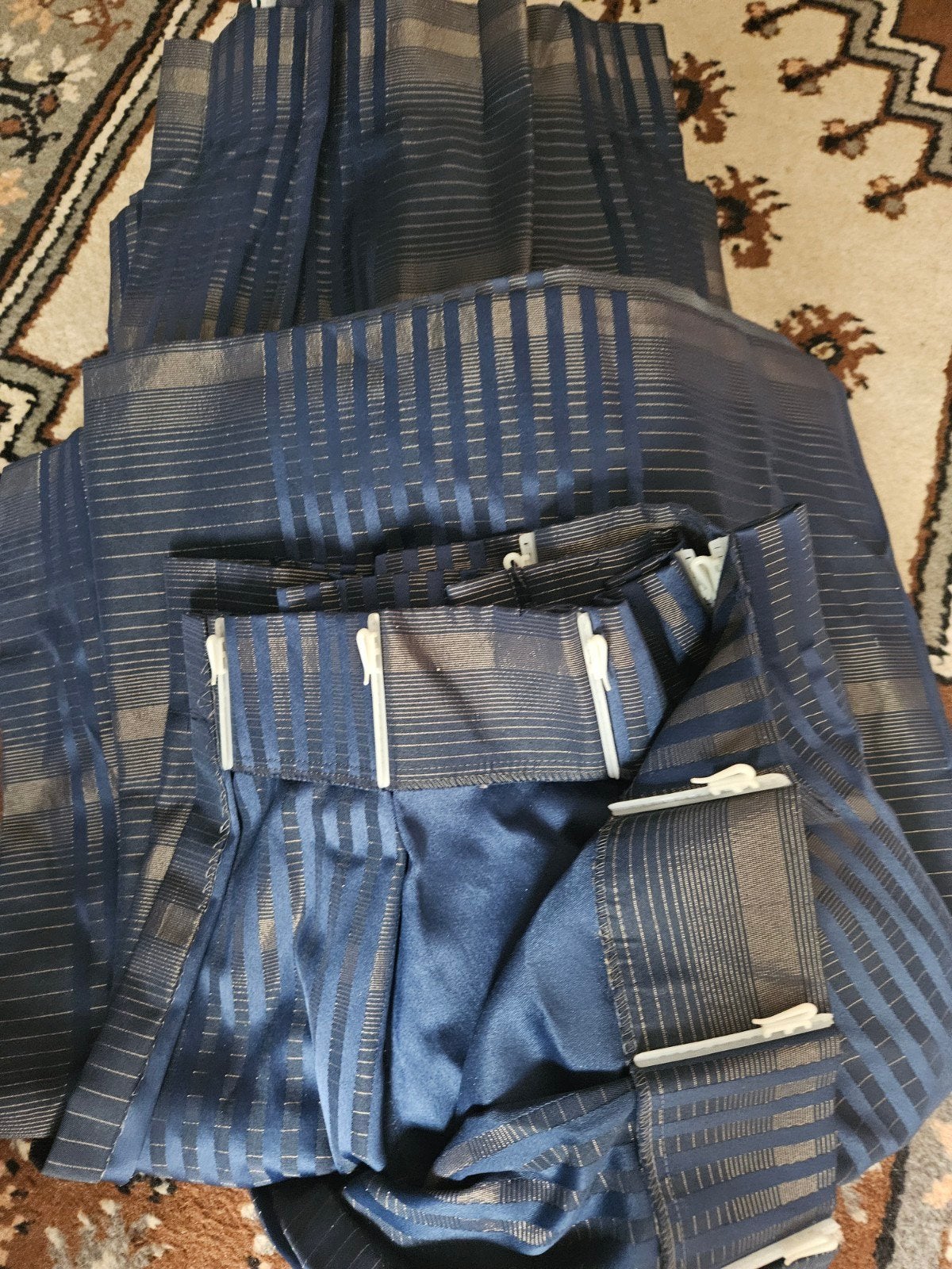 Donkerblauwe gordijnen met streepdessin, Gebruikt, Blauw, Ophalen of Verzenden, Isolerend
