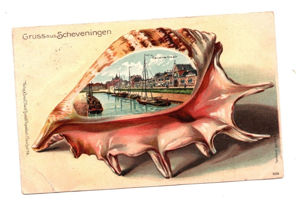 Oude Ansichtkaart Scheveningen Havenstraat Schelpkaart 1928, Ophalen of Verzenden, 1920 tot 1940, Gelopen, Zuid-Holland
