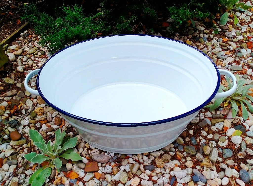 Antiek wit Blauw Emaille - Geëmailleerde Was Teil / Kuip, Antiek en Kunst, Ophalen of Verzenden