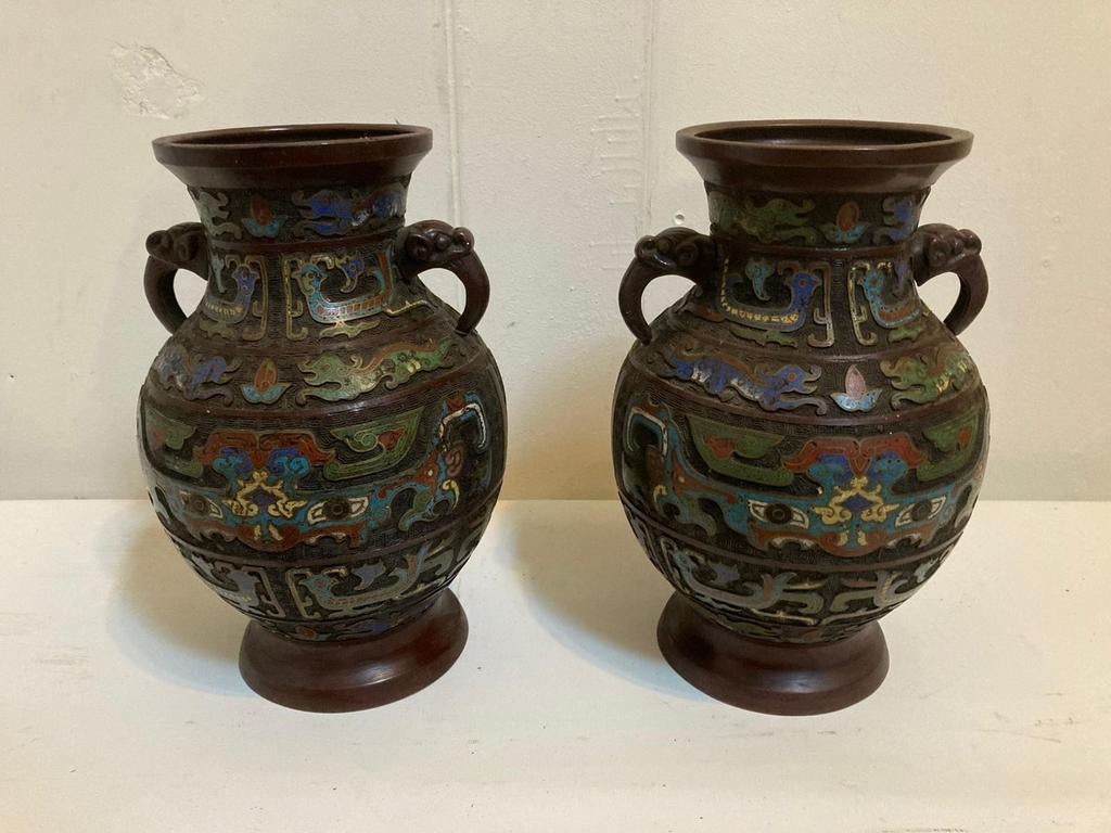 2 Antiek Chinees vaas koper en emaille Antique Chinese Brass, Ophalen