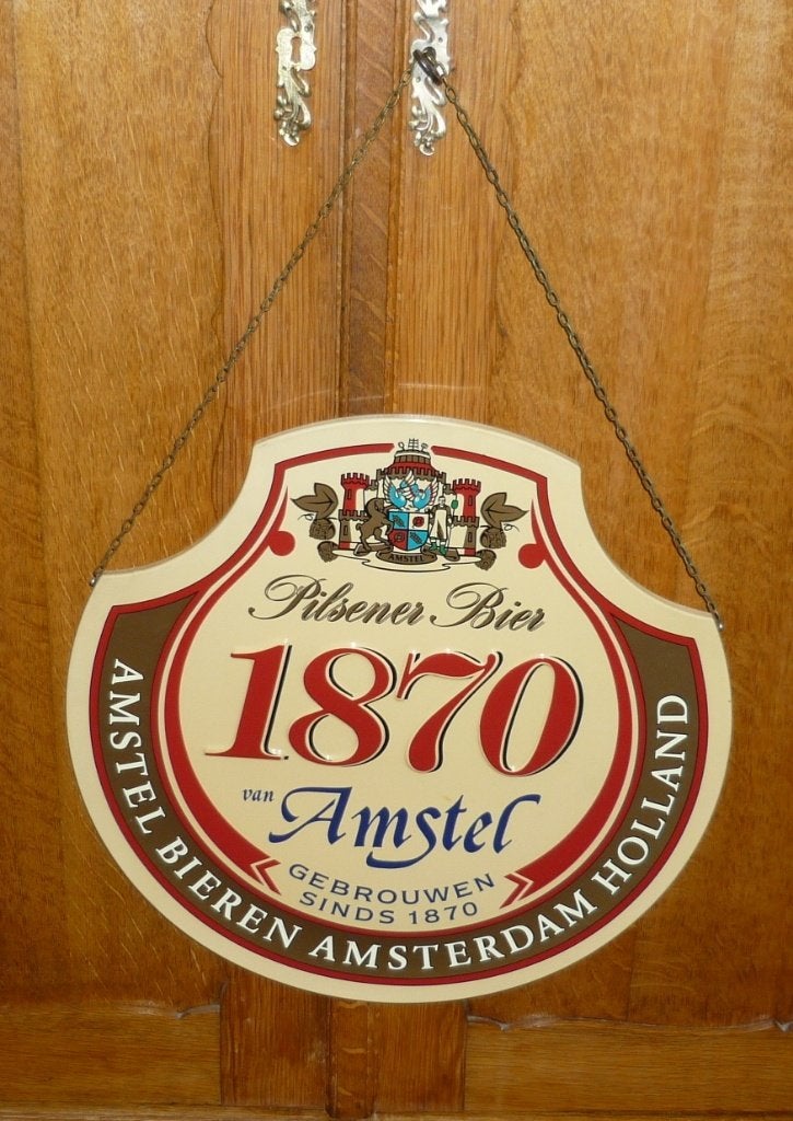 Dubbelzijdige  ( plastic ) bierreclame AMSTEL 1870., Ophalen, Gebruikt, Reclamebord, Plaat of Schild, Amstel