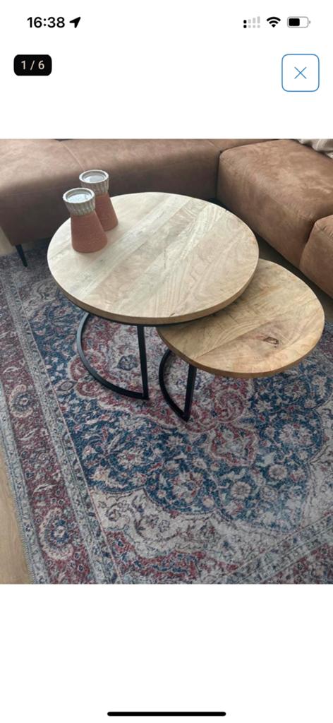 Set van 2 ronde salontafels, mangohout en metaal, Ophalen, Rond, 50 tot 100 cm, Zo goed als nieuw