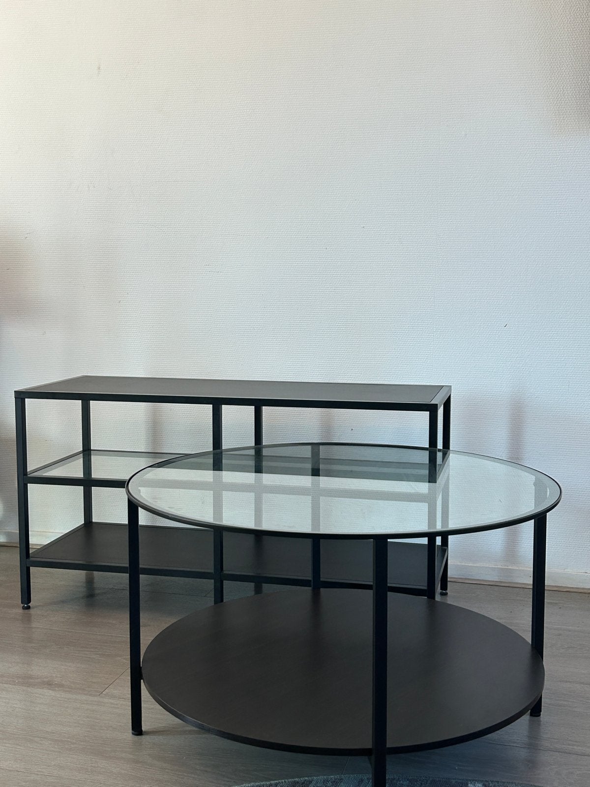 Salontafel en TV-meubel set - Zwart metaal en glas, Huis en Inrichting, Tafels | Salontafels, Ophalen, Gebruikt, 100 tot 150 cm