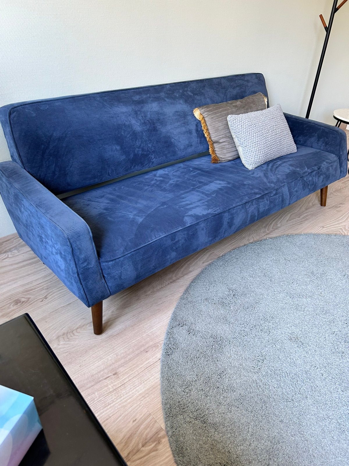 Blauwe ribstof bank – 200 cm breed – goede staat, Ophalen, Strak, 150 tot 200 cm, 75 tot 100 cm