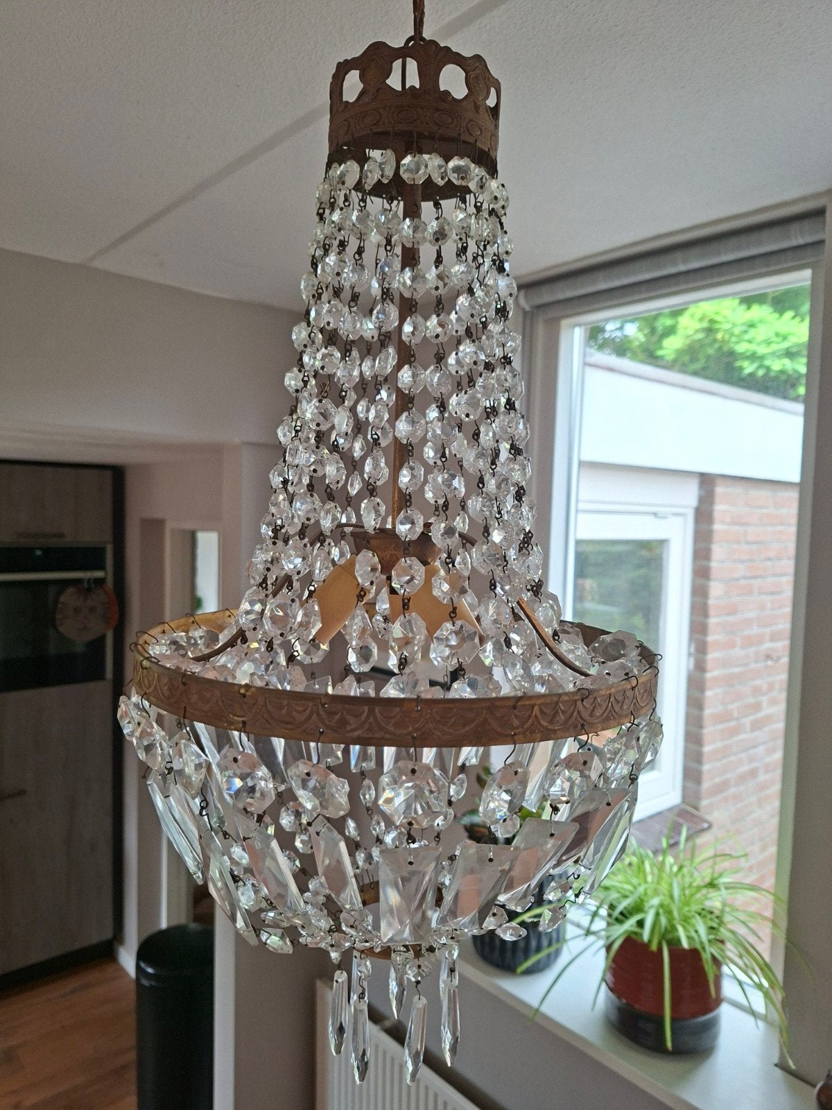 Originele kroonluchter met kristallen pegels, Ophalen, Gebruikt, Klassiek, Vintage, Glamour, Overige fittingen