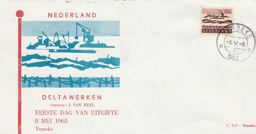 Nederland- 1963 - Watersnood -14- Deltawerken 1e dag envelop, Postzegels en Munten, Verzenden, Onbeschreven, Nederland