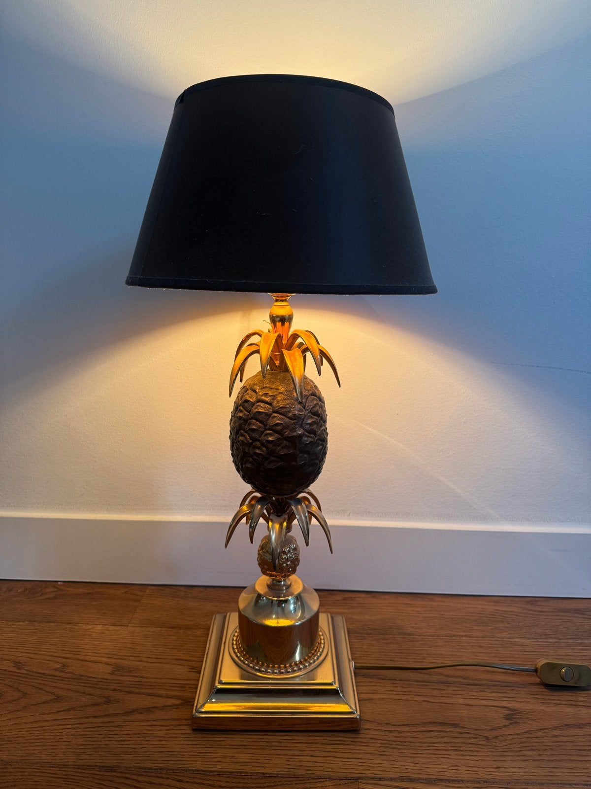 Vintage Ananas Tafellamp - Messing met Zwarte Kap, Ophalen of Verzenden