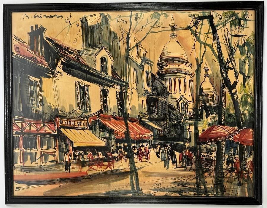 1371. Aquarel, Marius Girard - Montmartre Parijs, 1960, Antiek en Kunst, Ophalen of Verzenden