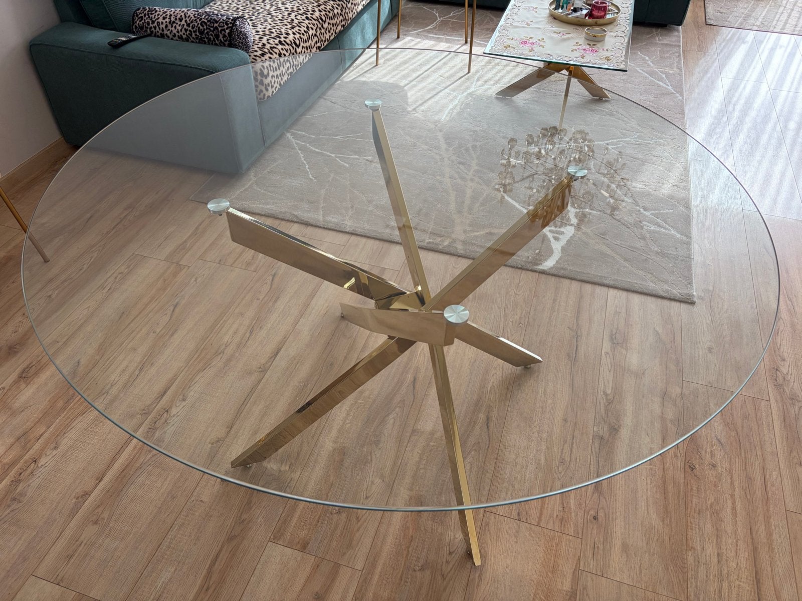 Glazen eettafel met gouden onderstel, Huis en Inrichting, Tafels | Eettafels, Ophalen, 100 tot 150 cm, Rond, Vier personen