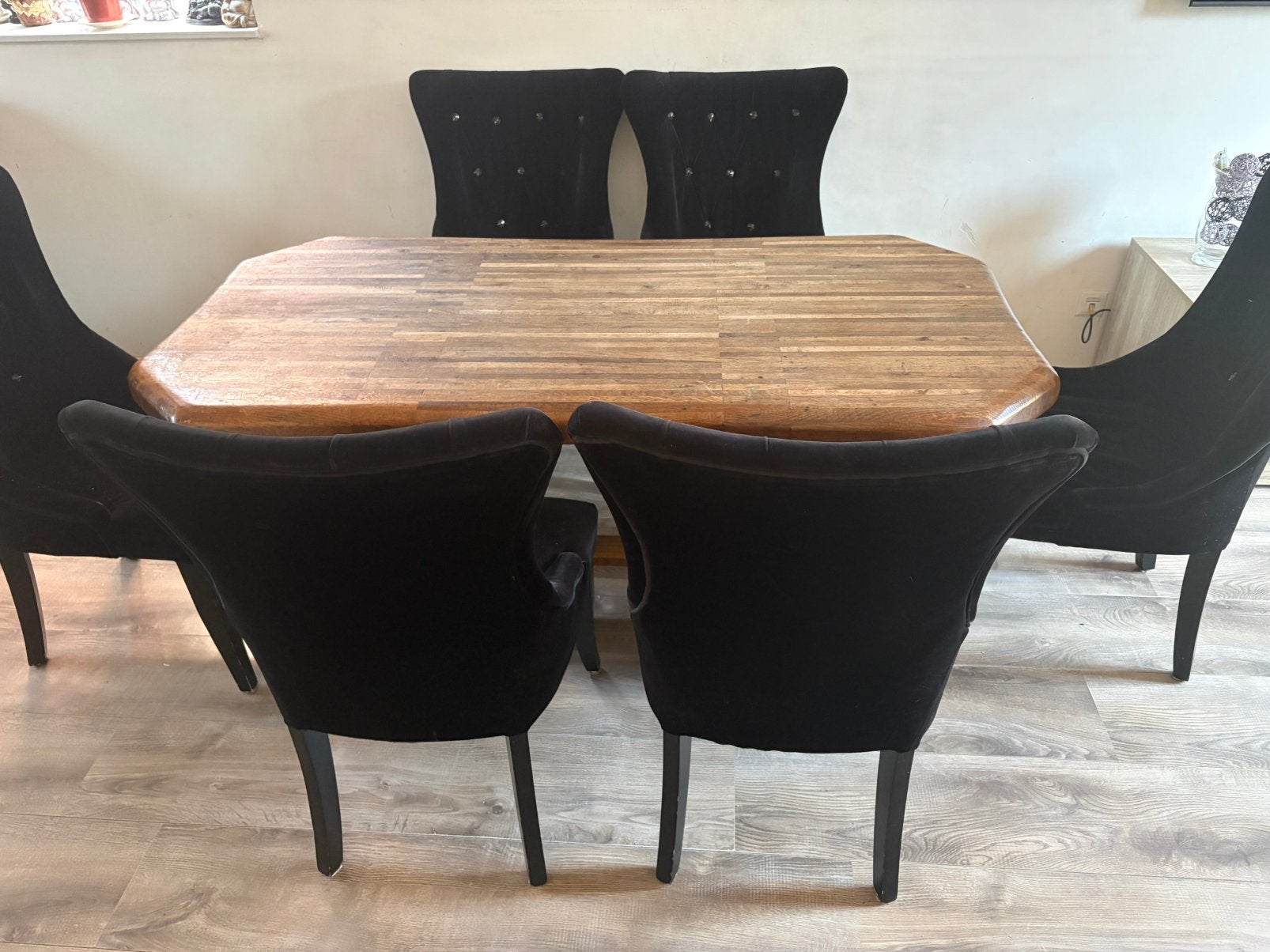 6 Velvet Eetkamerstoelen, Ophalen, Gebruikt, Zwart, Stof