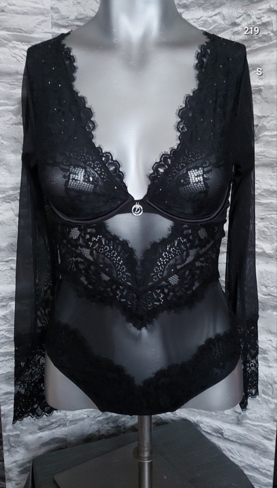 Sexy Zwarte kanten string body met lange mouwen, Onbekend, Ophalen of Verzenden, Zwart, Body of Korset