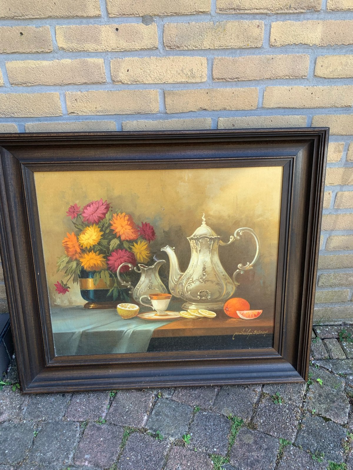 Stilleven met theeservies en bloemen, gesigneerd, Ophalen, Doek, Stilleven, Gesigneerd