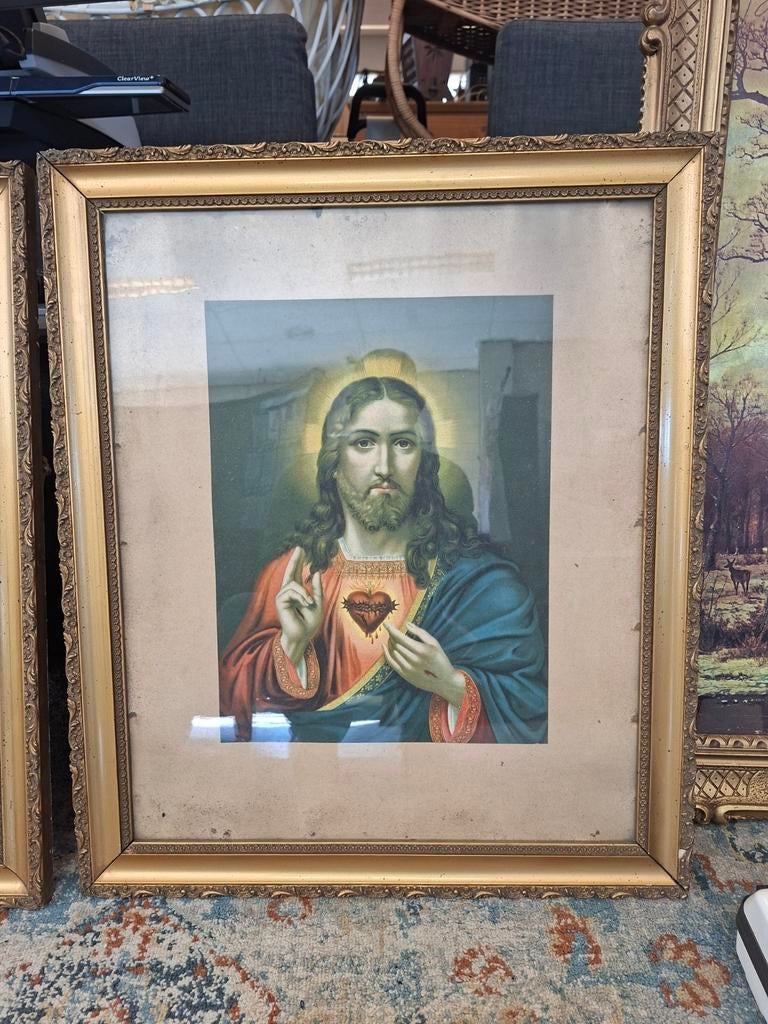 Vintage religieuze prenten: Jezus en Maria met heilig hart, Ophalen of Verzenden