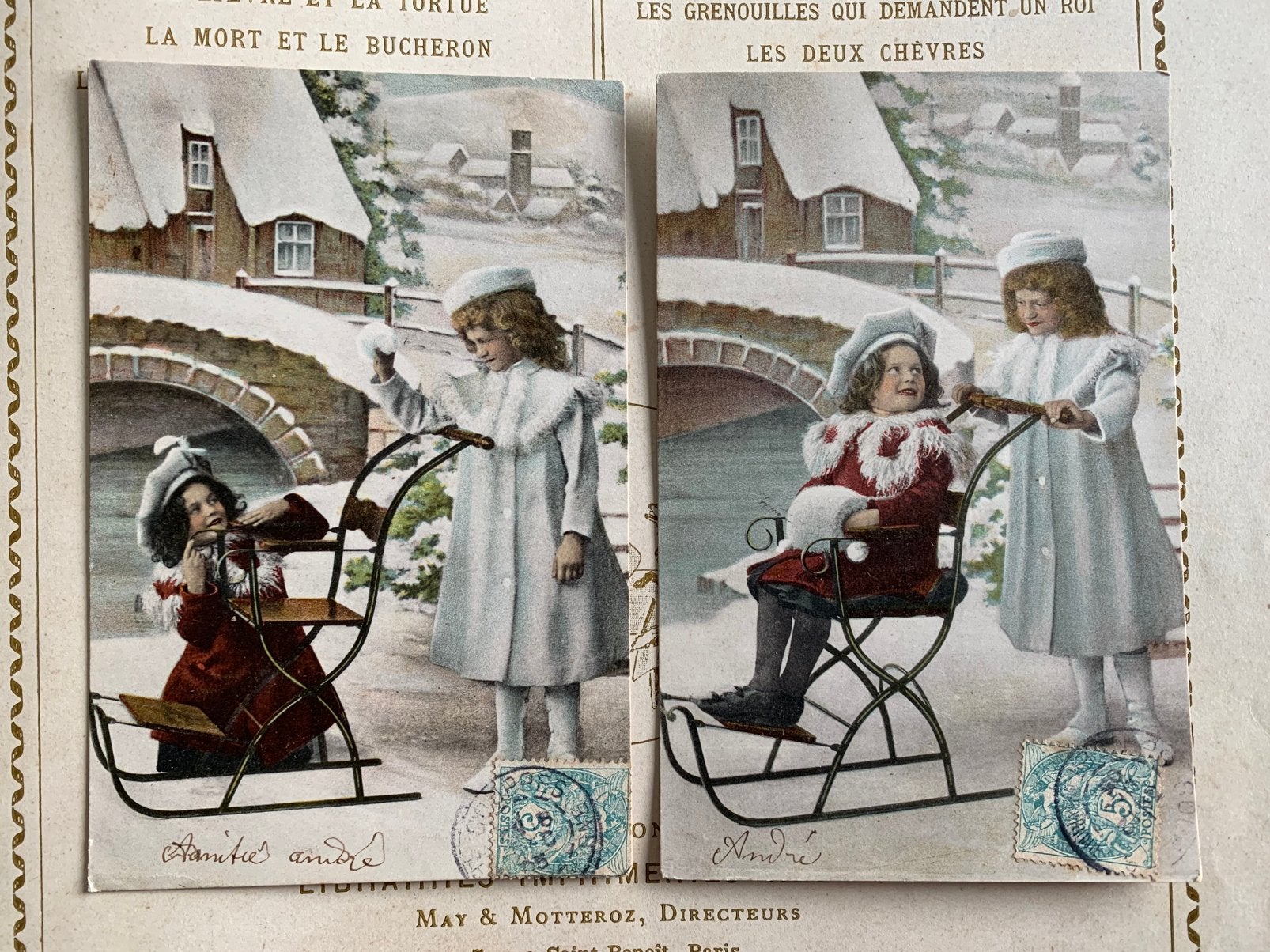 1905 Meisjes, slee, sneeuw, sneeuwballen (LE), Ophalen of Verzenden, Voor 1920, Gelopen, Kinderen
